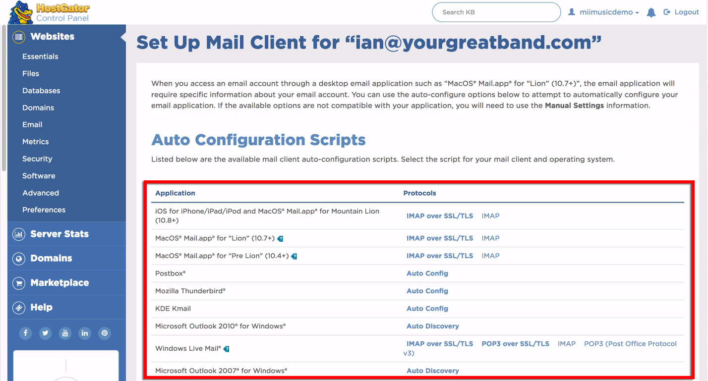 hostgator email settings to point email to hostgator